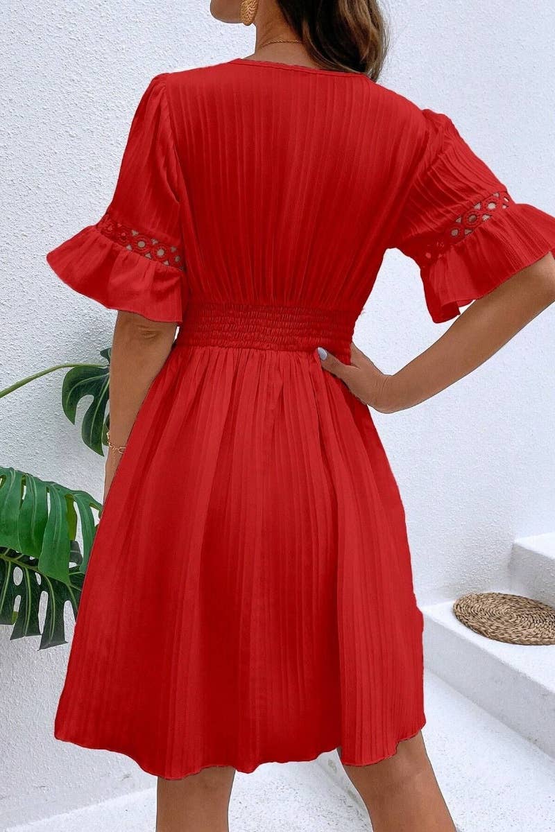 CWDSD4851_SUMMER LACE PATCHWORK V-NECK WAIST DRESS SHORT