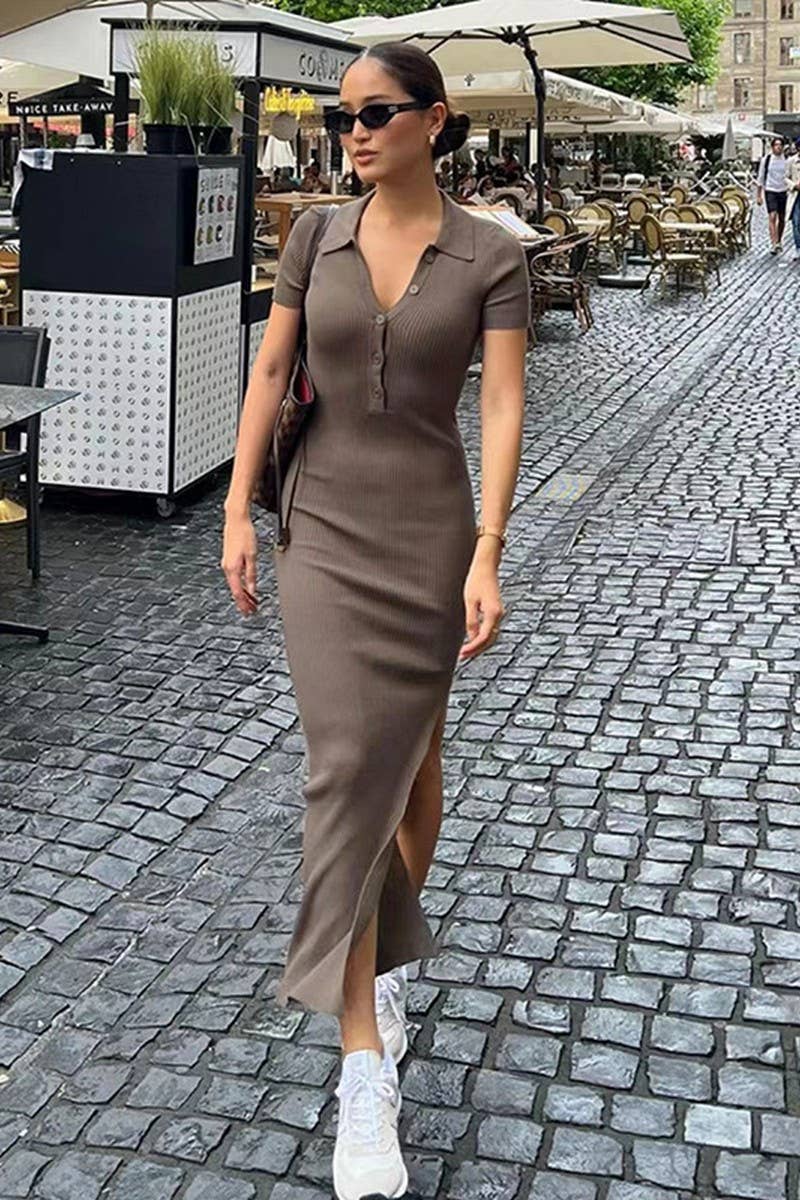 CWDMD4900_SOLID COLOR LAPEL SHORT SLEEVE SLIT DRESS