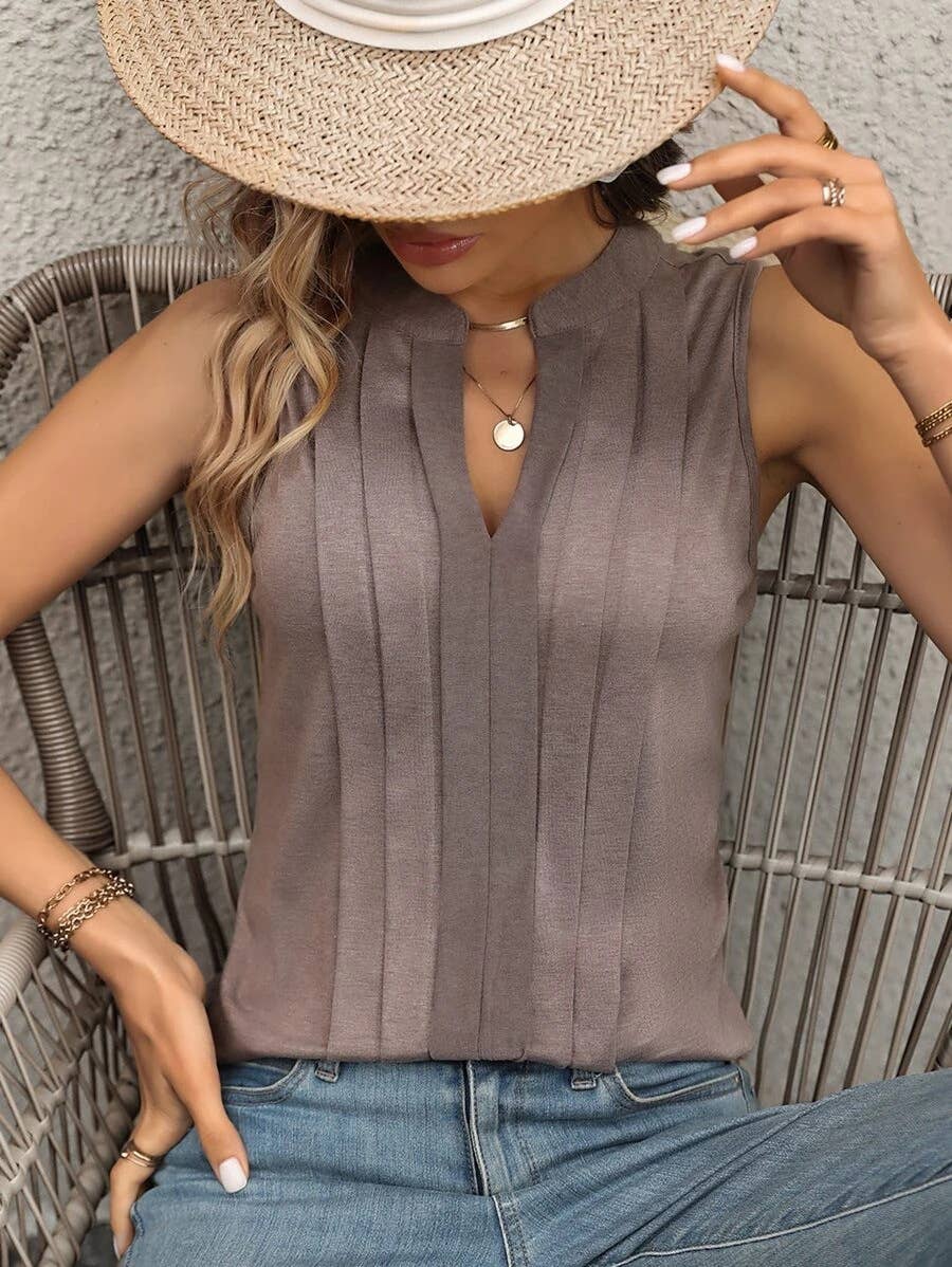 ELEGANT PLEATED V-NECK TANK BLOUSE