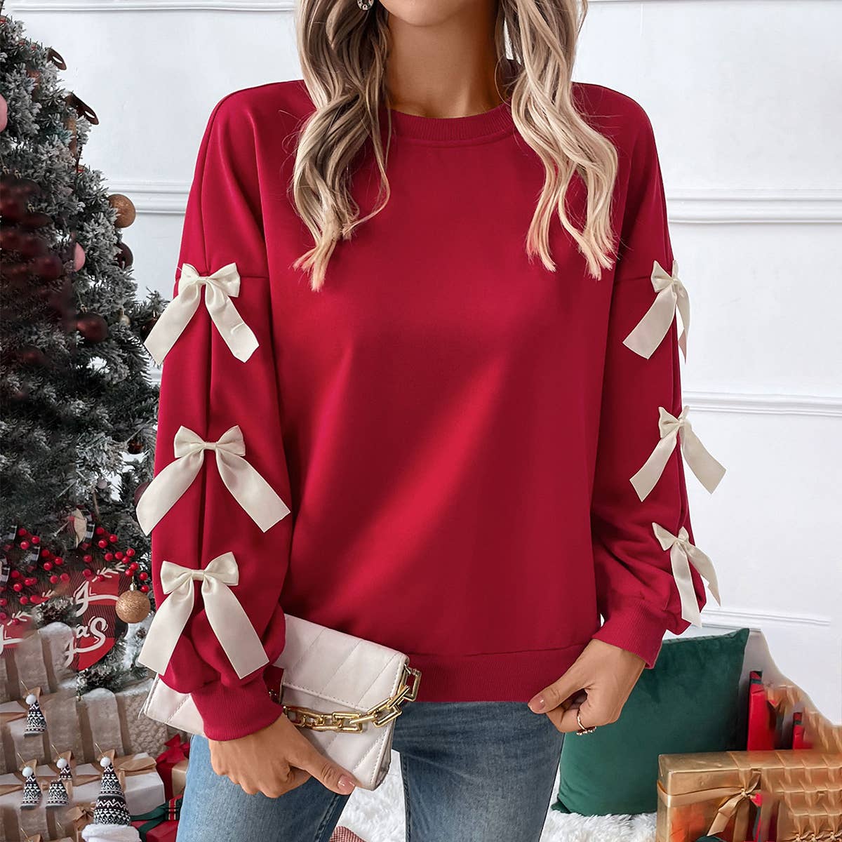 Solid color round neck bow embellish lace pullover hoodie