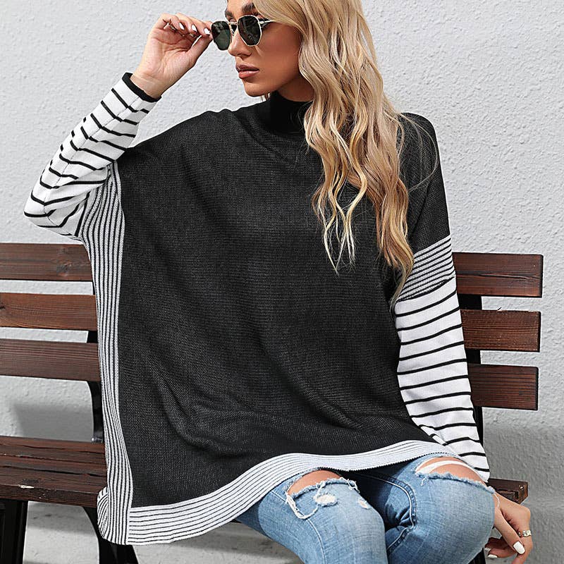 STRIPED PATCHWORK TURTLENECK STYLISH KNIT SWEATER