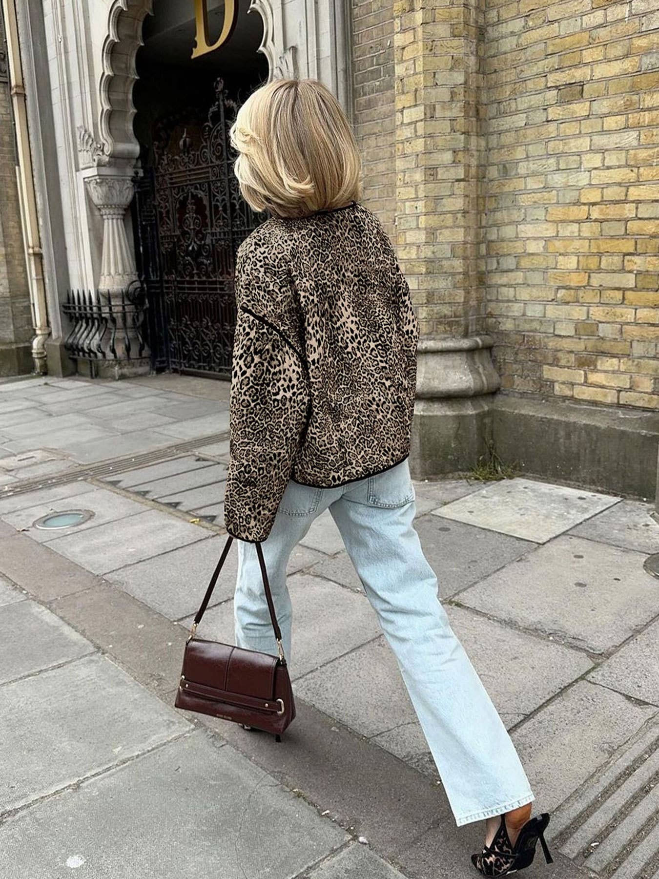 VINTAGE LEOPARD PRINT CREW-NECK UNBUTTONED JACKET
