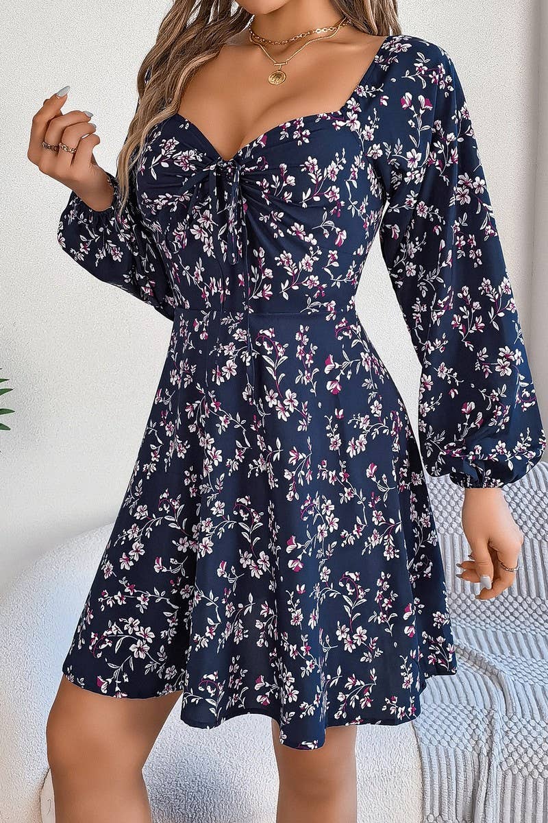 CWDSD5763_TIE UP SQUARE NECK FLORAL LONG SLEEVE DRESS