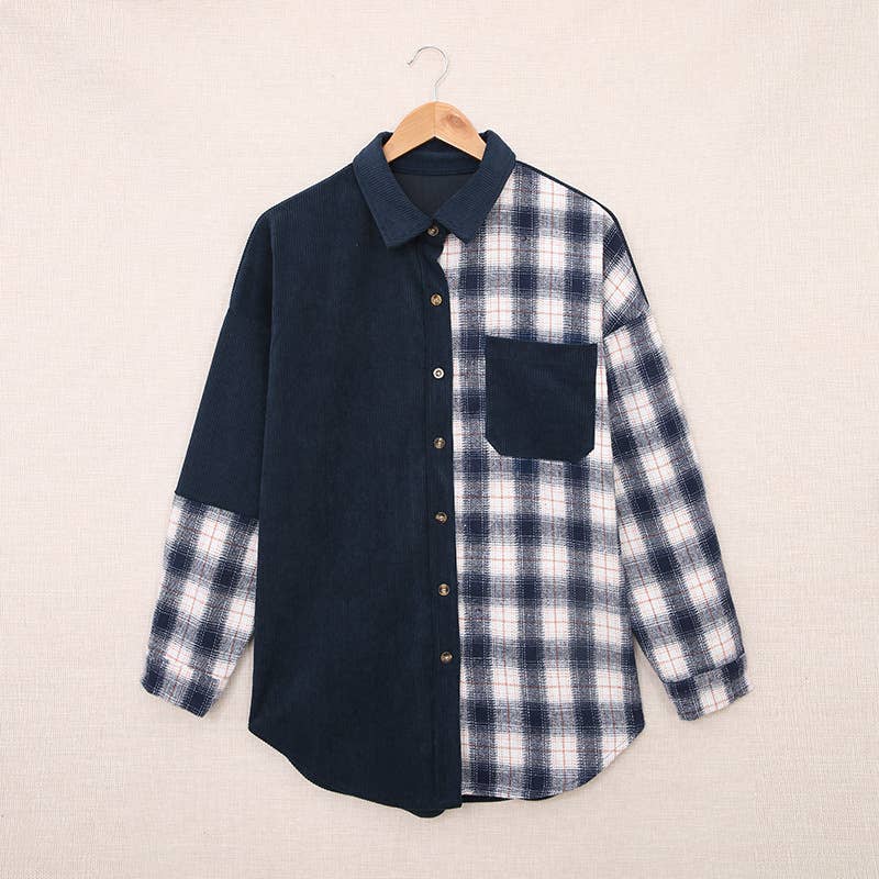 SINGLE BREASTED PLAID CORDUROY LONG SLEEVE SHIRT