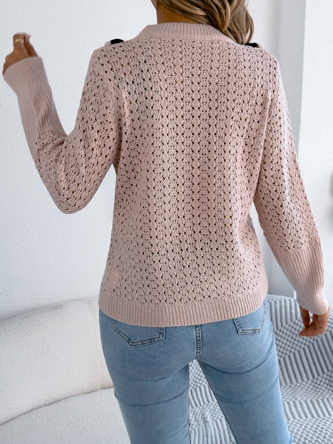 Wooden ear side long sleeve hollow sweater