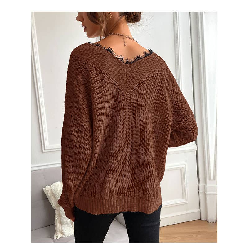 Patchwork Lace Jumper Solid Color Knit Sweater