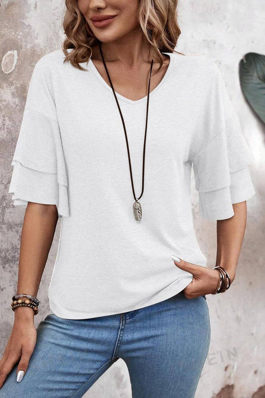 Cwtbls1614_Solid Color V-Neck Double-Layer Sleeve T-Shirt
