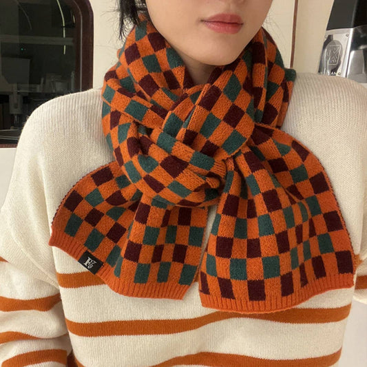 Colorblock Checkered Knit Scarf for Women