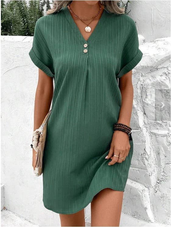 V-neck solid-color pullover casual button dress
