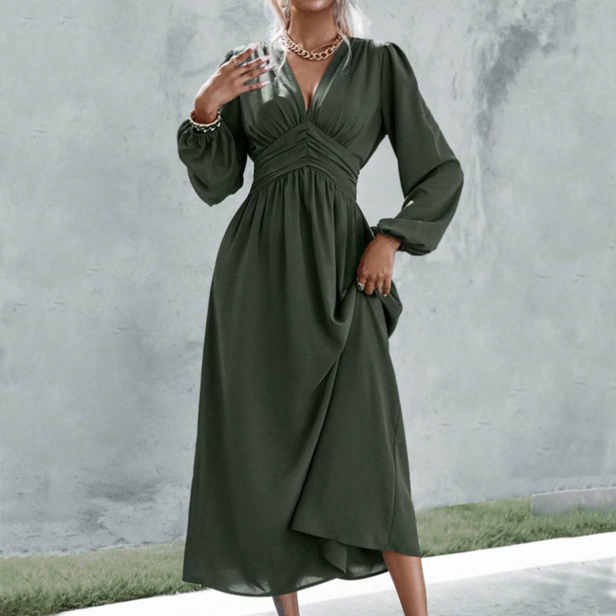 ELEGANT V-NECK PUFFED SLEEVE WAIST SLIT DRESS