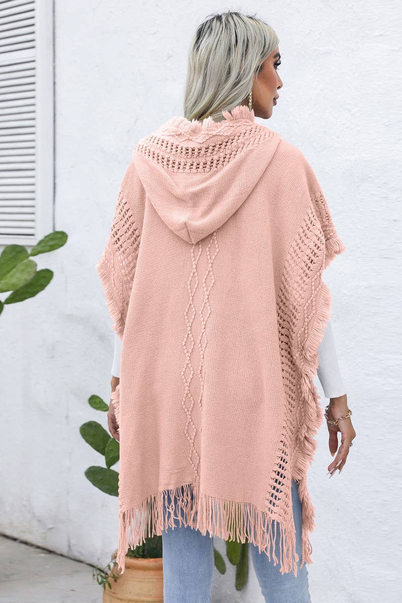 CWOSWL6438_V-NECK FRINGED HOODED MID-LENGTH CAPE KNITTED TOP