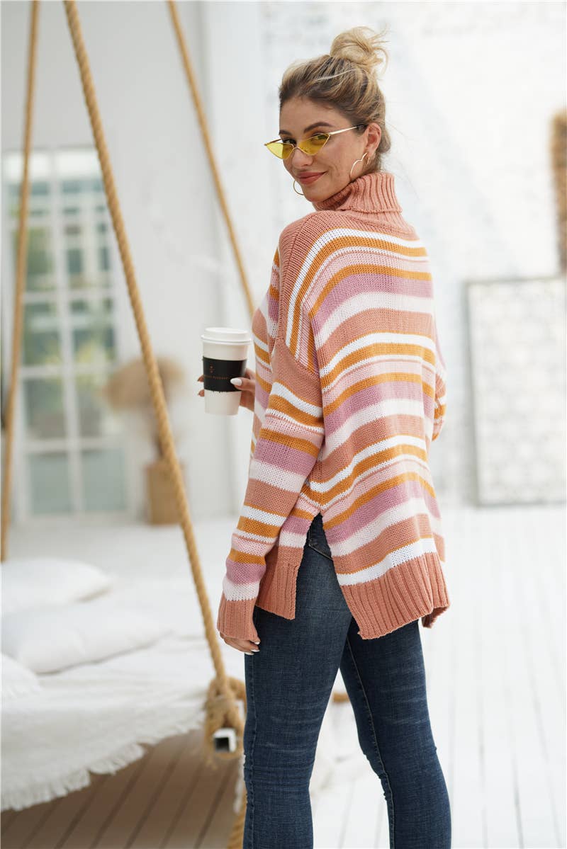 RAINBOW STRIPED PATCHWORK KNIT PULLOVER SWEATER_cwoswl2316