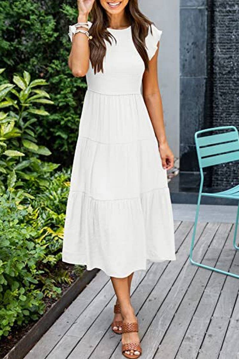 CWDMD2568_FLYING SLEEVE SHIRRED LAYERED SHORT SLEEVE DRESS