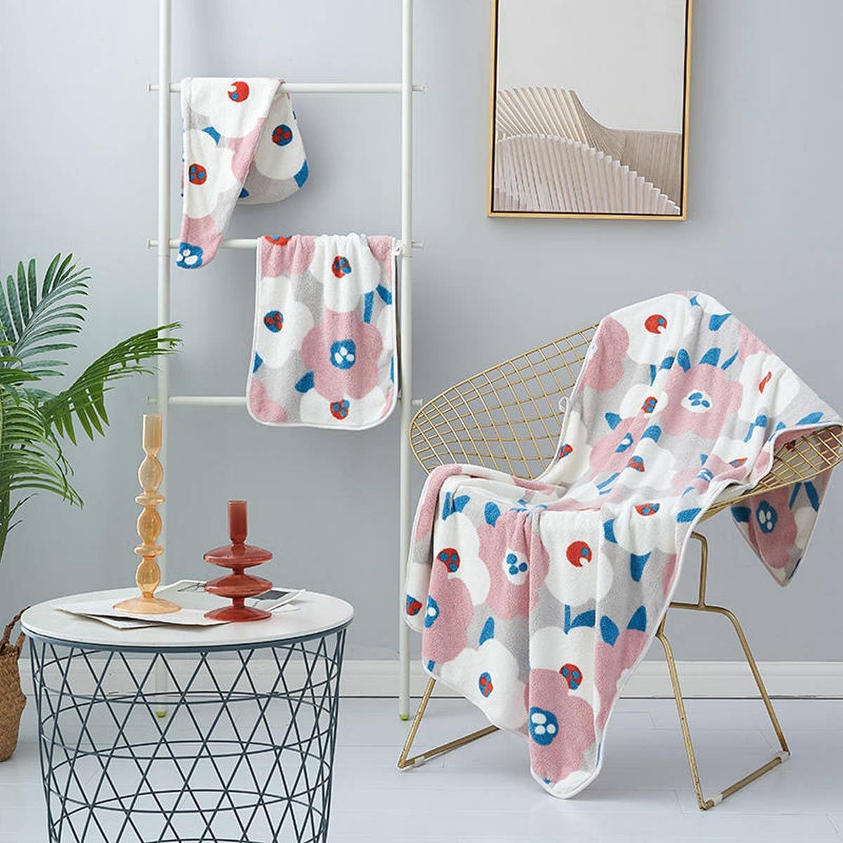 CORAL FLEECE PRINTED SHOWER CAP TOWEL BATH TOWEL