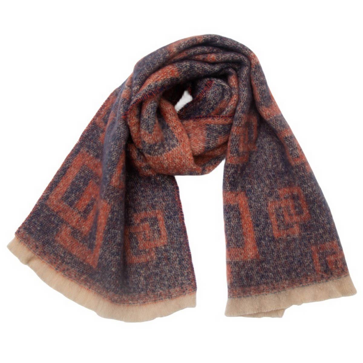 Greek Key Jacquard Scarf ? Fringe Winter Wrap
