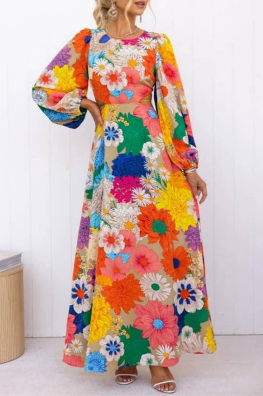 CWDMD4035_FASHION FLOWER LANTERN SLEEVE DRESS LONG