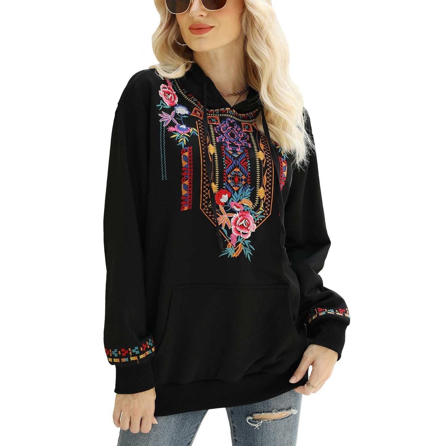 STYLISH EMBROIDERED HOODIE WITH LOOSE PULLOVER