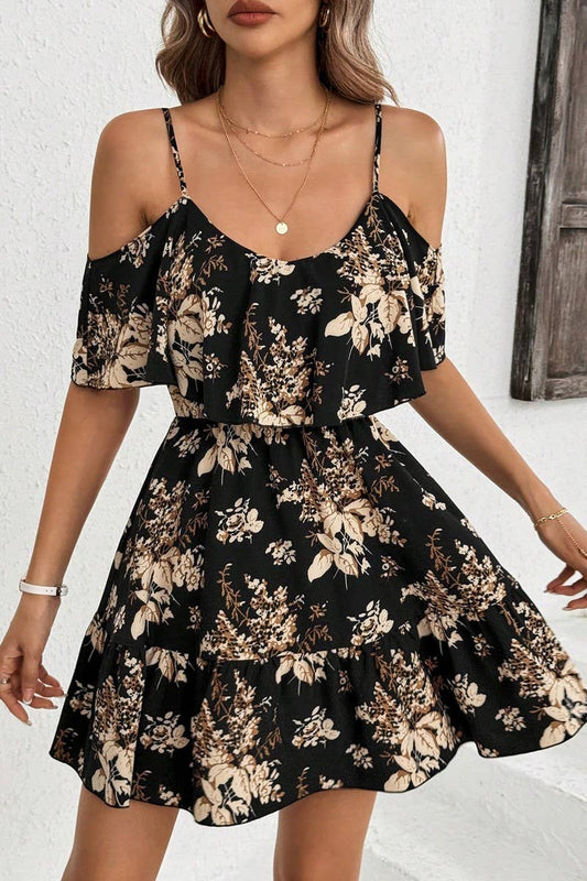 CWDHL0971_WOMEN'S ELEGANT PRINTED SLING WAIST RUFFLE DRESS
