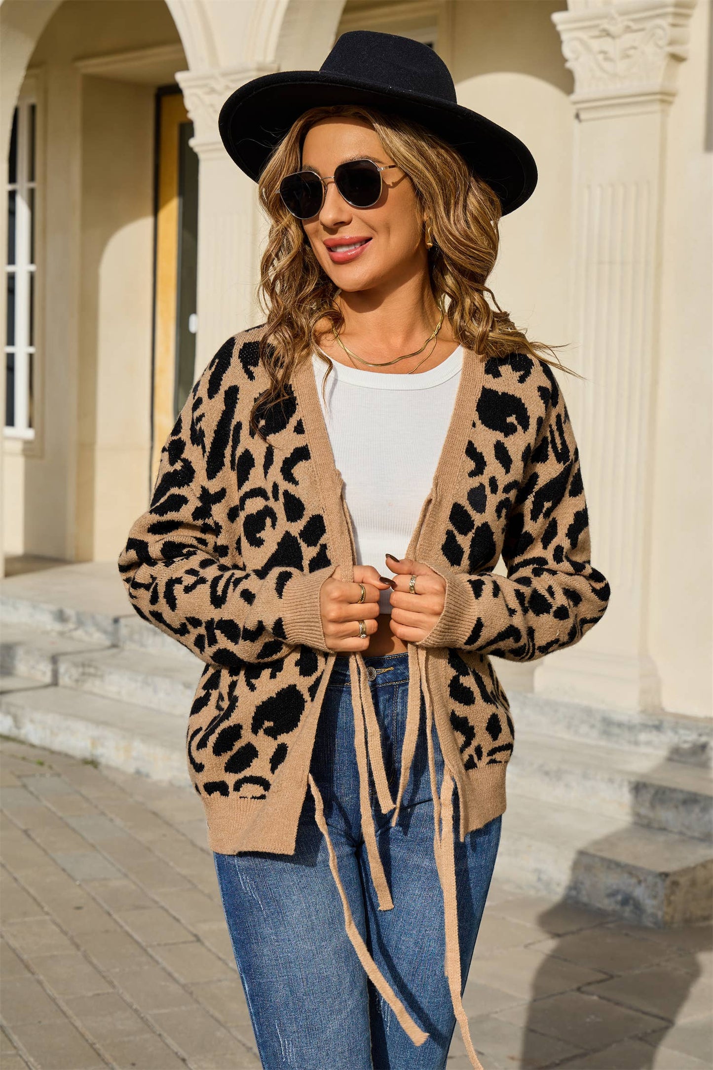 Leopard print jacquard bow tie cardigan