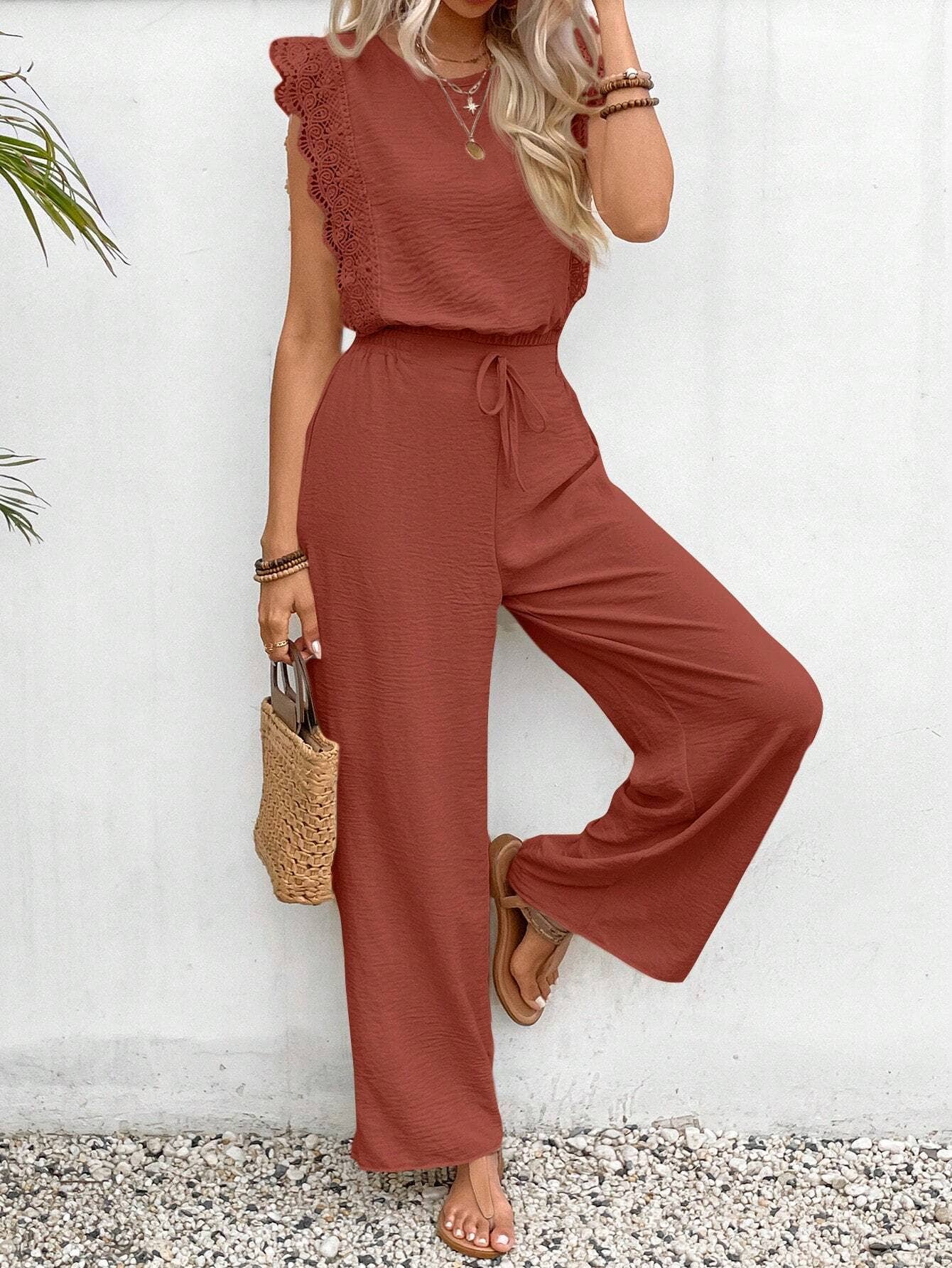 Drawstring jumpsuit ruffled sleeves square collar
