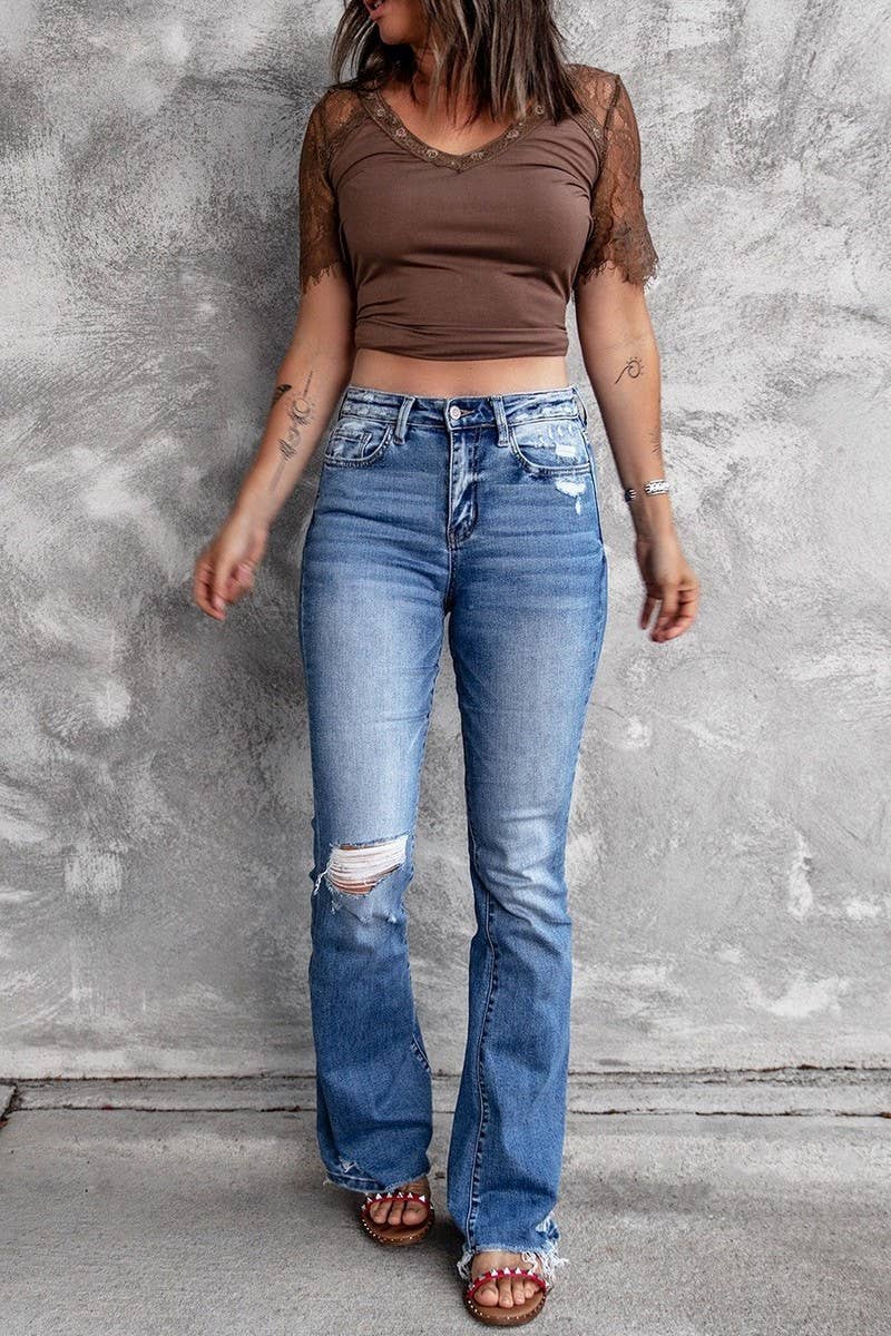 CWJP0604_HIGH WAIST STRETCH RIPPED FRAYED HEM FLARE JEANS