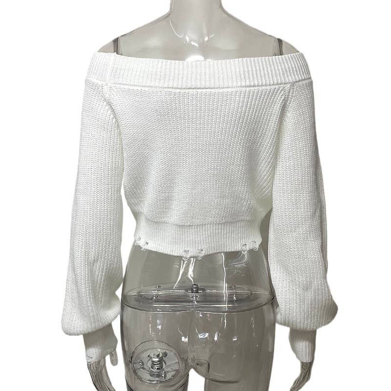 Sexy crop hollowed-out off-the-shoulder sweater