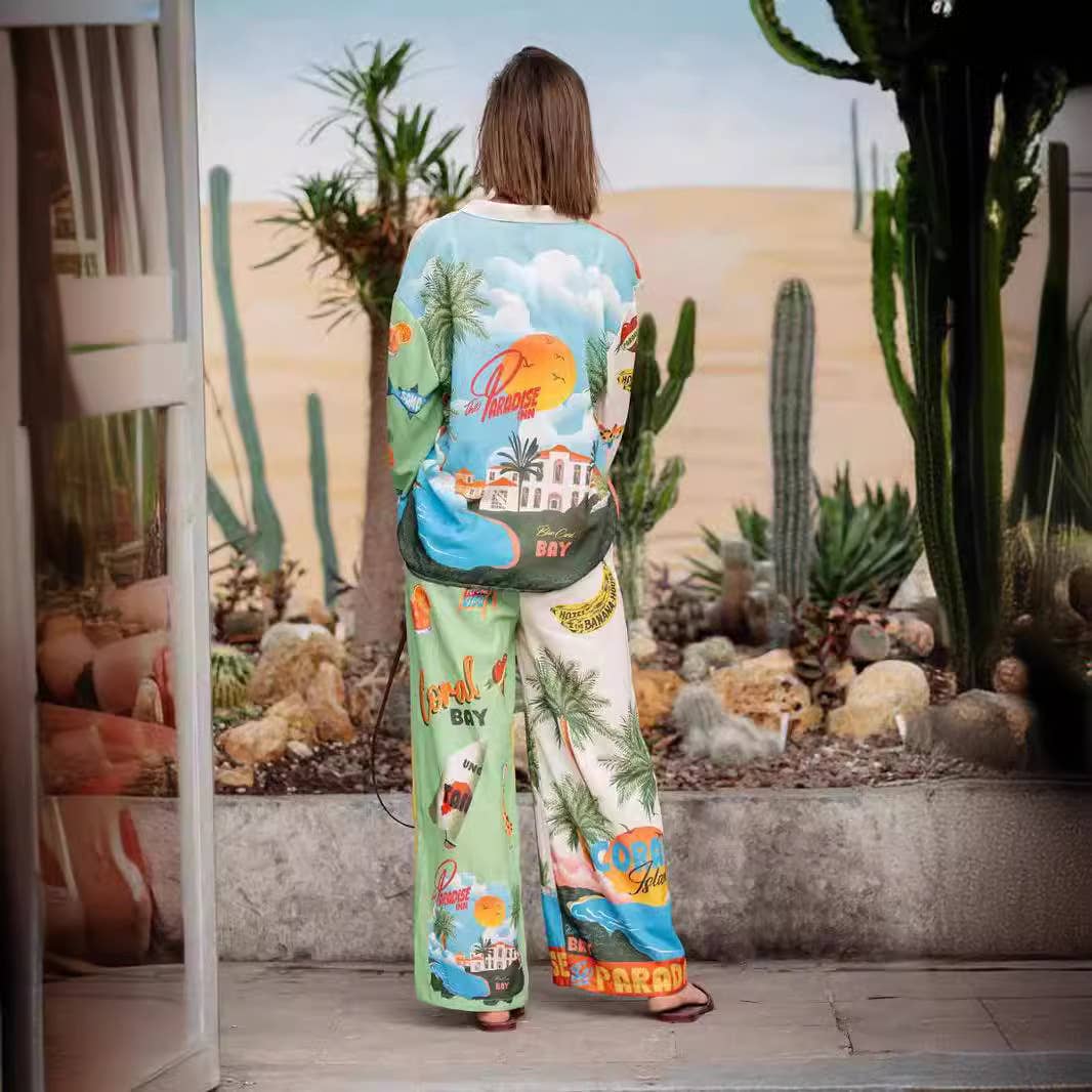 Fashionable printed macaron long sleeve shirt set