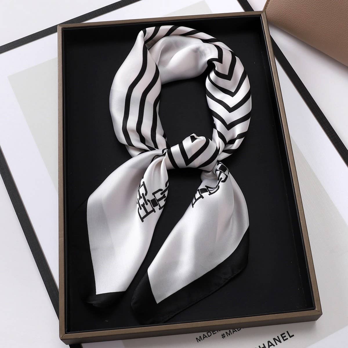 Vintage Letter Print Satin Square Scarf for Women