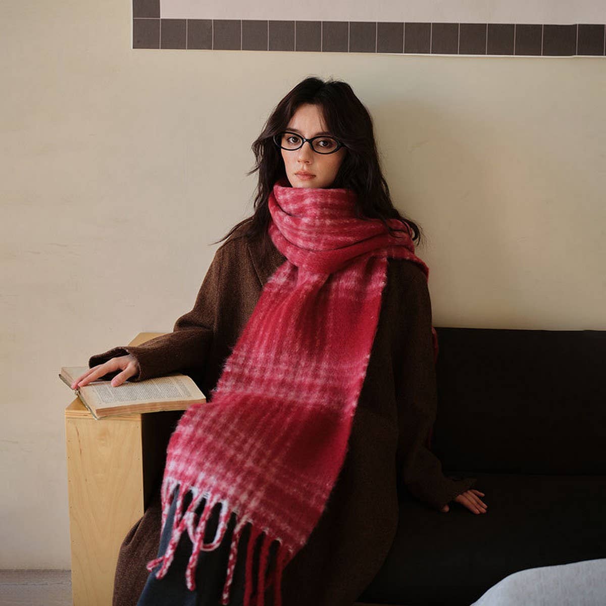 Red Plaid Scarf ??Soft Faux Cashmere Winter Wrap_CWASC2343