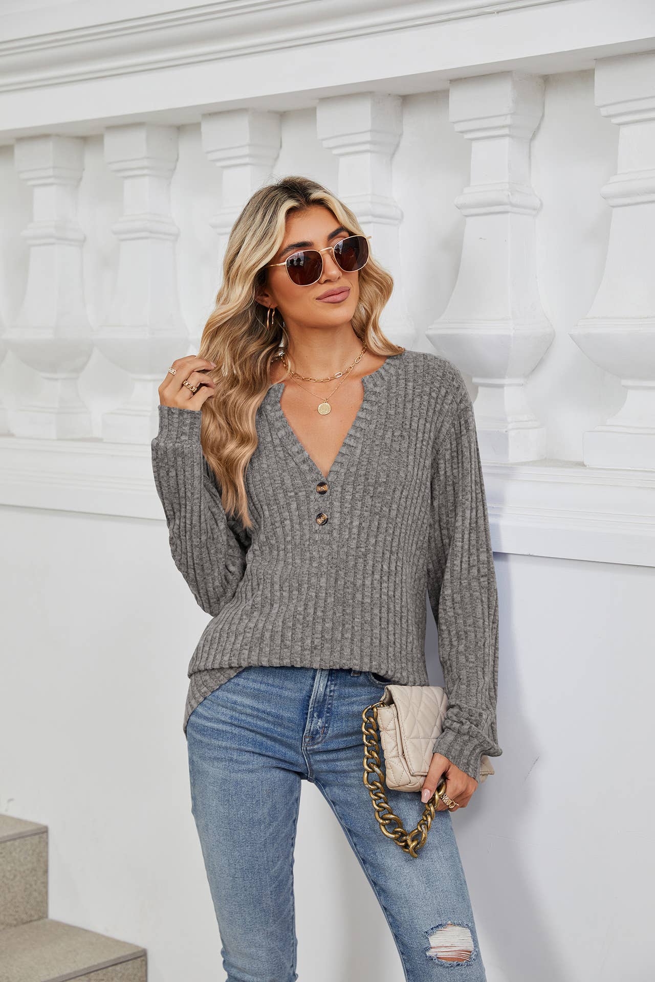 V-NECK BUTTON-DOWN LONG SLEEVED LOOSE T-SHIRT