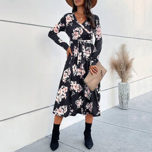 V-NECK SLIM-FIT PRINT LACE-UP LONG DRESS