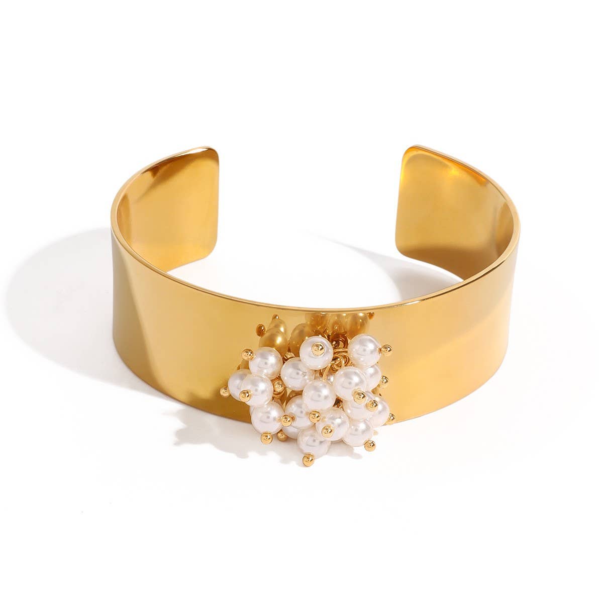 Titanium Steel 18K Gold Pearl Open Cuff Bracelet