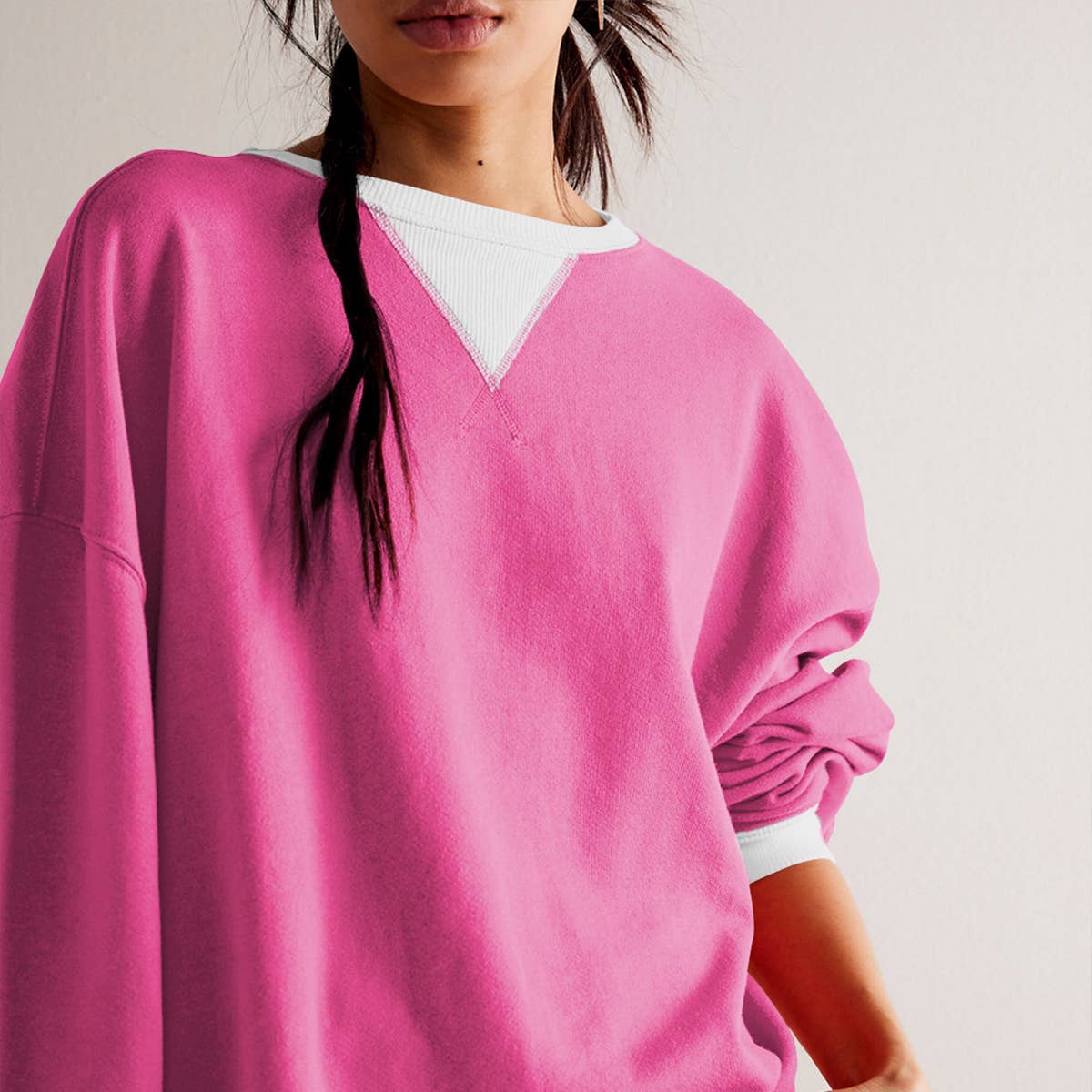 Solid color crew-neck split loose sweatshirt hoodie