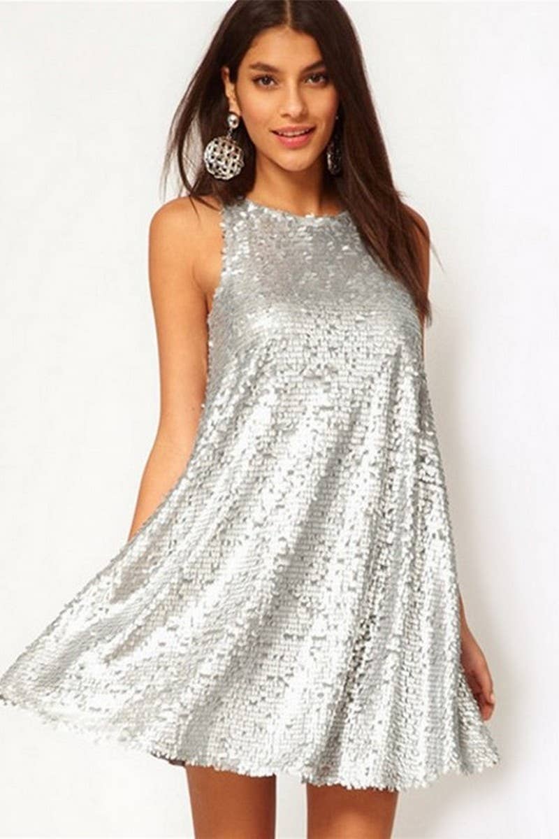 CWDSD6839_SILVER SEQUIN SLEEVELESS A-LINE SWING DRESS
