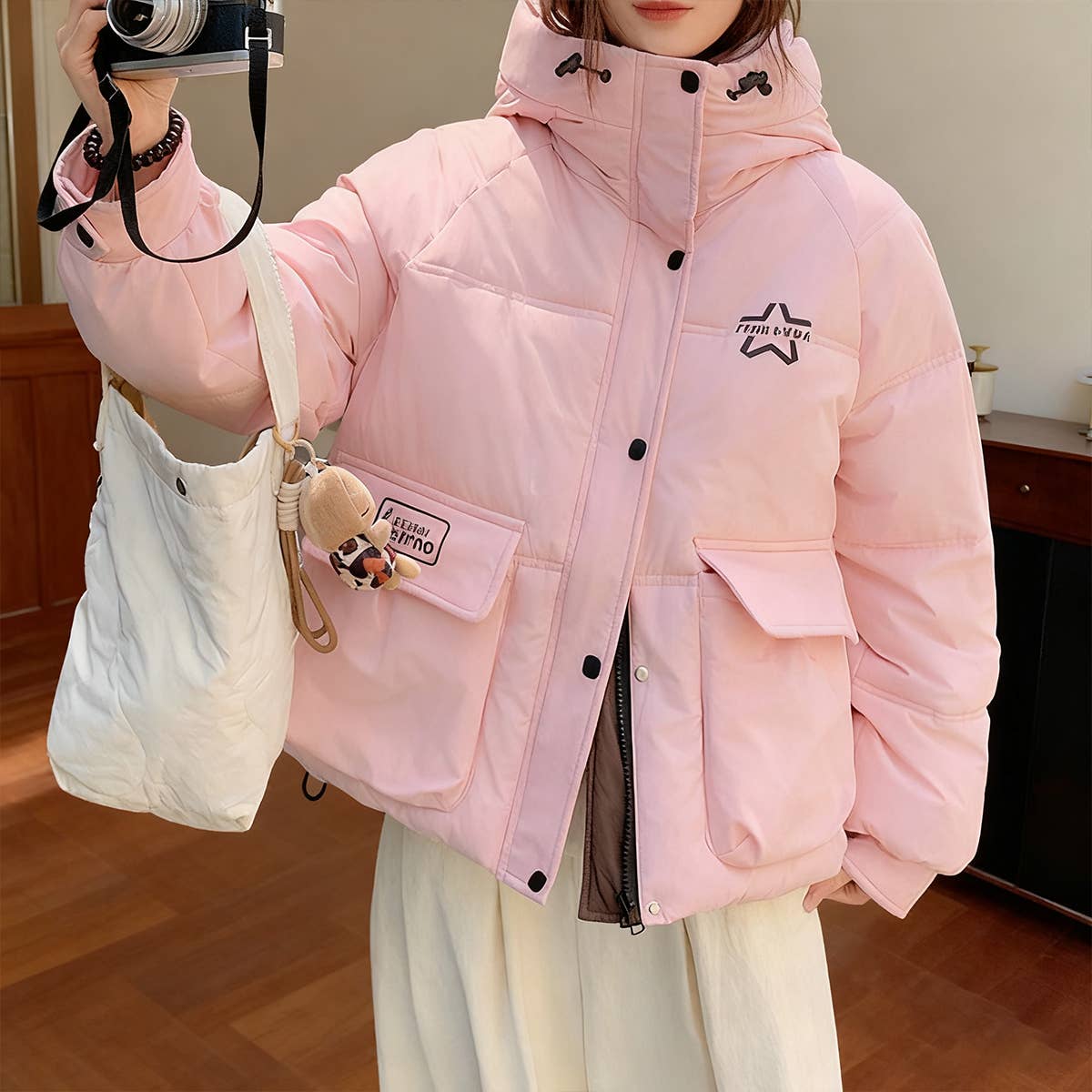 Solid color hooded warm winter padded jacket