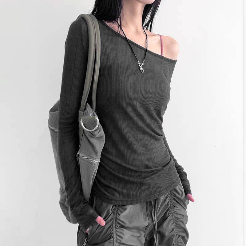 Fashion sexy one-shoulder long-sleeved T-shirt