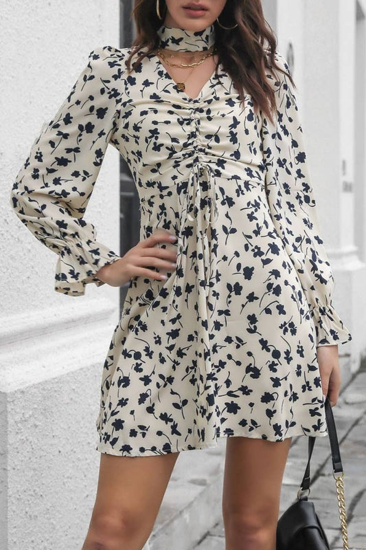 CWDSD6434_DRAWSTRING V-NECK DRESS WITH FLARED SLEEVES SHORT