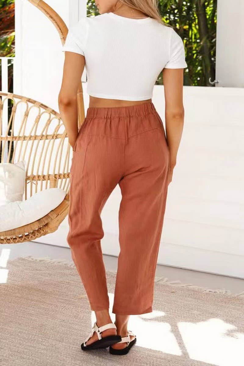 CWBLP01033_LOOSE DRAWSTRING LINEN STRAIGHT CROPPED PANTS