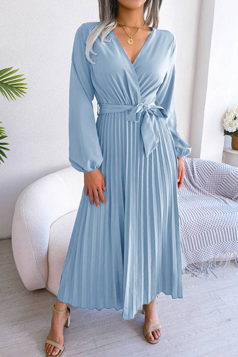 CWDMD3947_CROSS LACE-UP LONG-SLEEVED PLEATED SWING DRESS