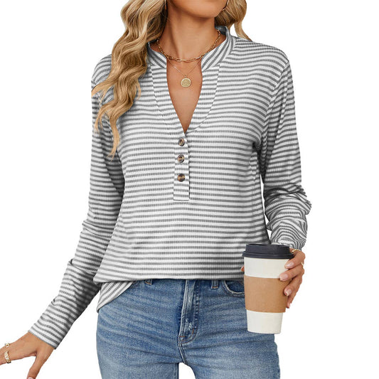 V-NECK BUTTON-STRIPED LONG-SLEEVED CASUAL T-SHIRT