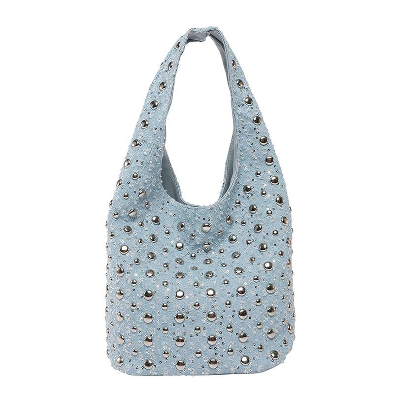 Fashionable riveted denim single-shoulder bag