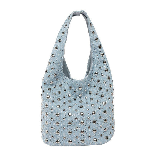Fashionable riveted denim single-shoulder bag