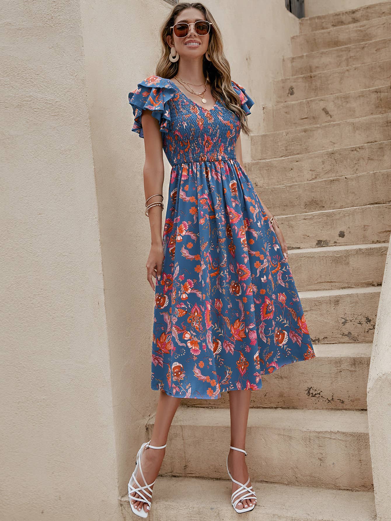 Printed V-neck short-sleeved cinched-waist dress