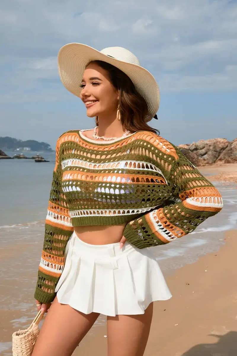 CWTTL1992_CUT-OUT STRIPE PANEL BIKINI BEACH COVER-UP