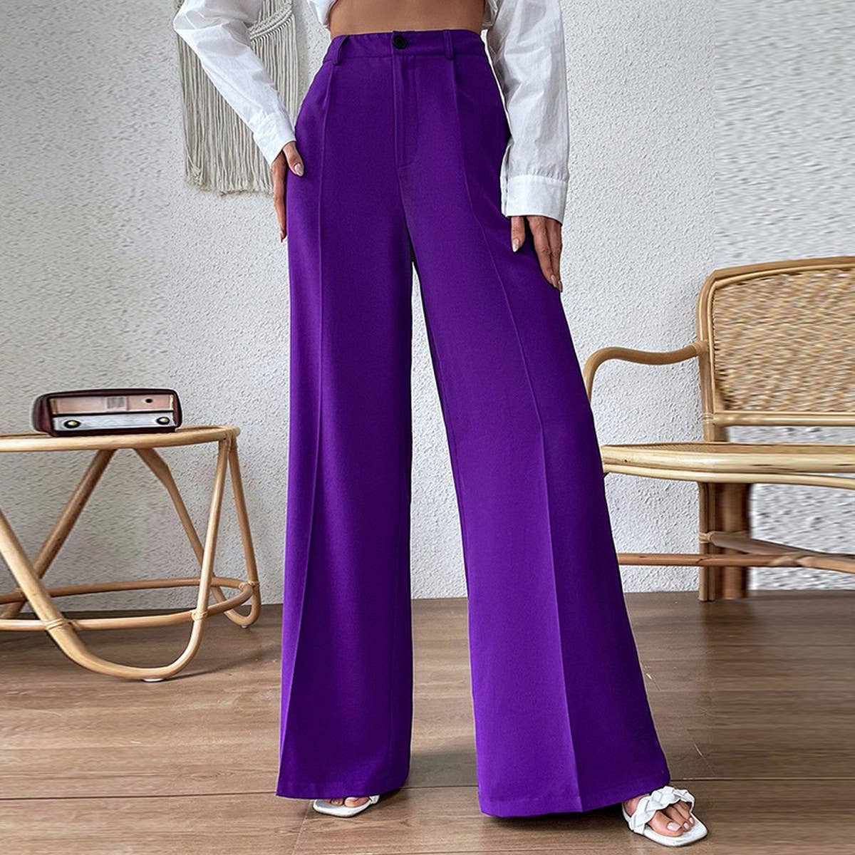 Loose solid color straight leg long wide leg pants