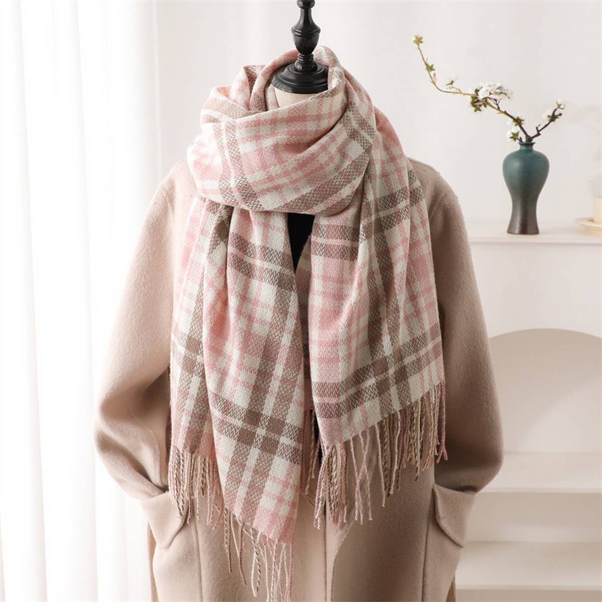 Plaid Cashmere-Like Scarf with Fringe for Winter_CWASC1443