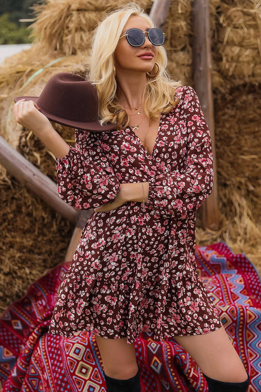 STYLE DEEP V-NECK PRINTED LONG DRESS