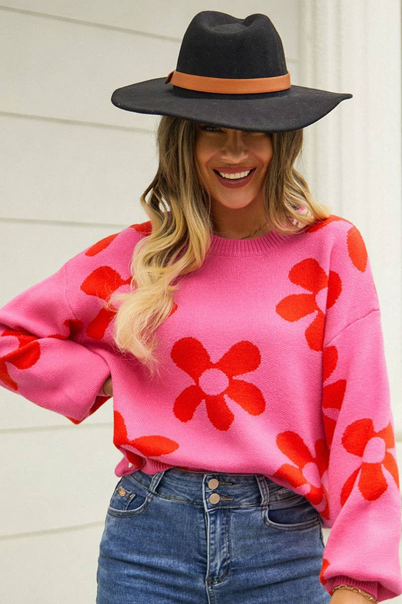 WOMEN FLOWER PATTERN SLIM KNITTED SWEATER_CWOSWL1448