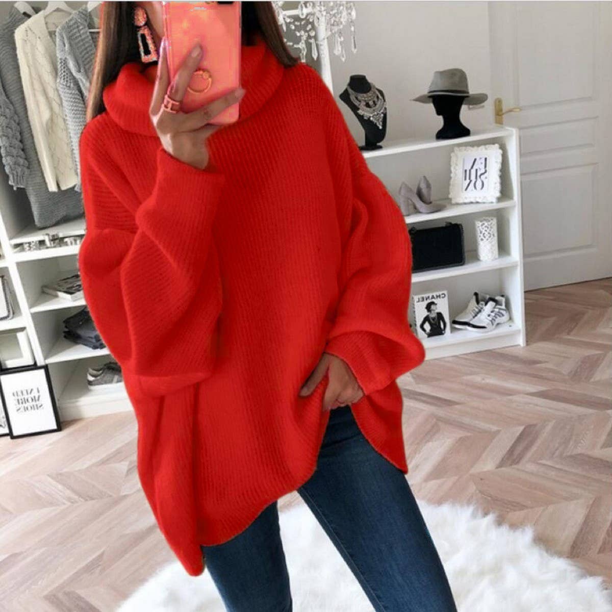 Women's Solid Turtleneck Loose Knit Sweater