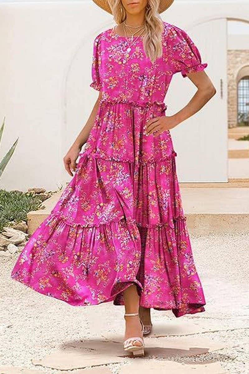 CWDMD6366_ROUND NECK PUFF SLEEVE RUFFLE PRINTED DRESS